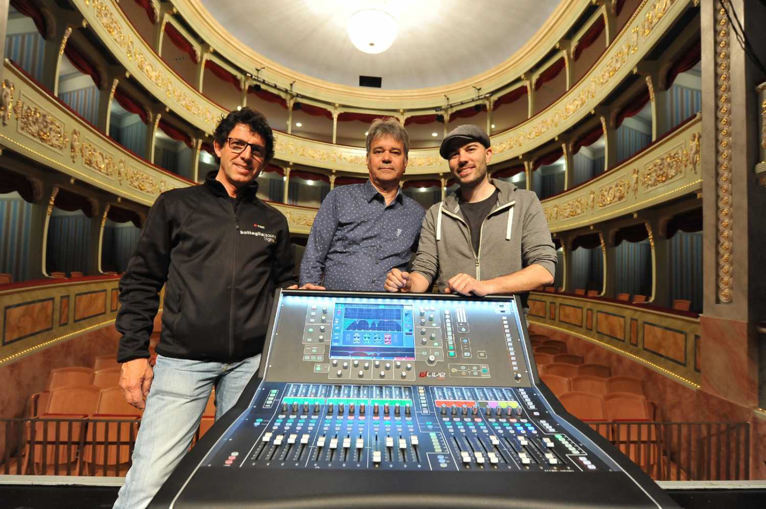 Paolo Battaglia, owner of Battaglia Light Services; Thomas Willi of Decibel (A&H swiss distributor) and Claudio Cheulini, technical director of the Teatro Sociale