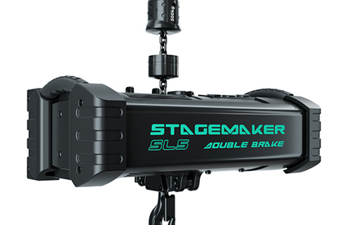 Stagemaker hoists are fitted as standard with double brakes, retractable handgrips and protective rubber pads