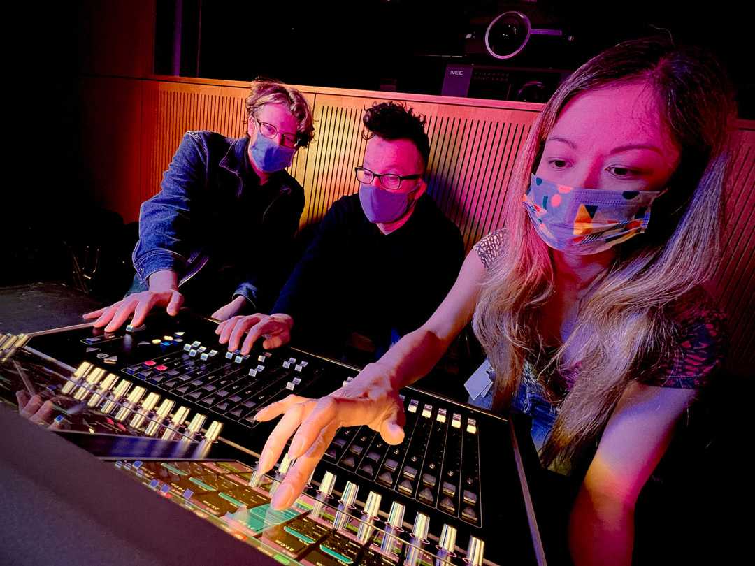 Sam Clapp, Matthew Test, and Audra Jacot at the new DiGiCo S21 console at front of house