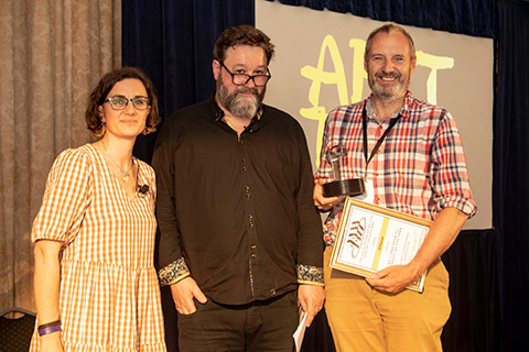 ABTT co-chairs Mig Burgess Walsh  (left) and David Evans (centre) present Engineering Product of the Year to Mark Ager of XM Automation for the XMove