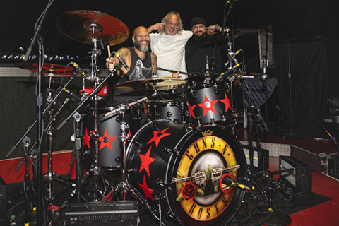 Dave Natale with Guns N' Roses drummer Frank Ferrer and drum tech Imy James