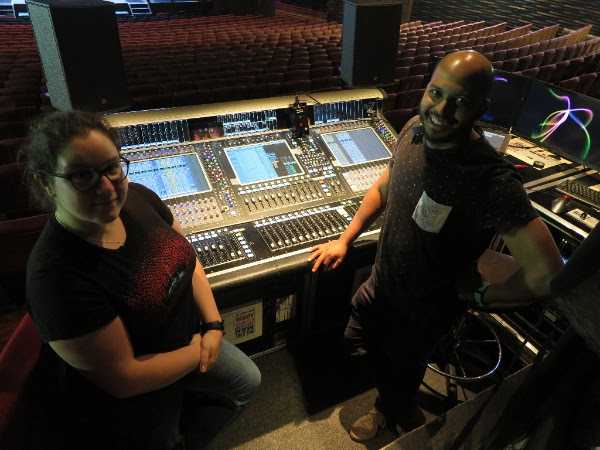 Christo Davis, head of audio for the Blue Man Group world tour with his deputy sound engineer Isobel Rush