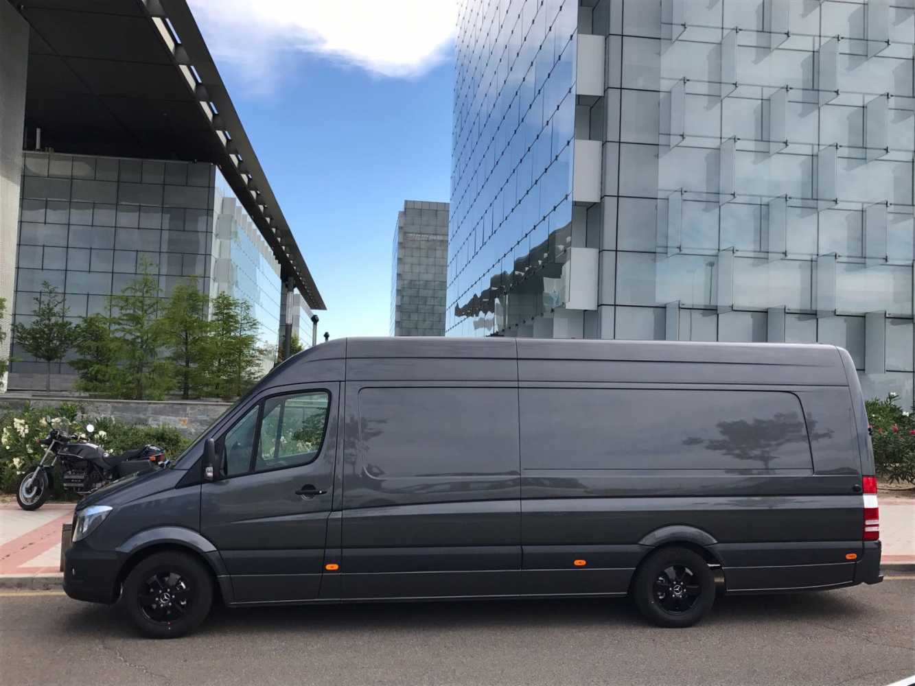 The extra-long wheelbase Mercedes Sprinter that has been fully equipped as a mobile showroom