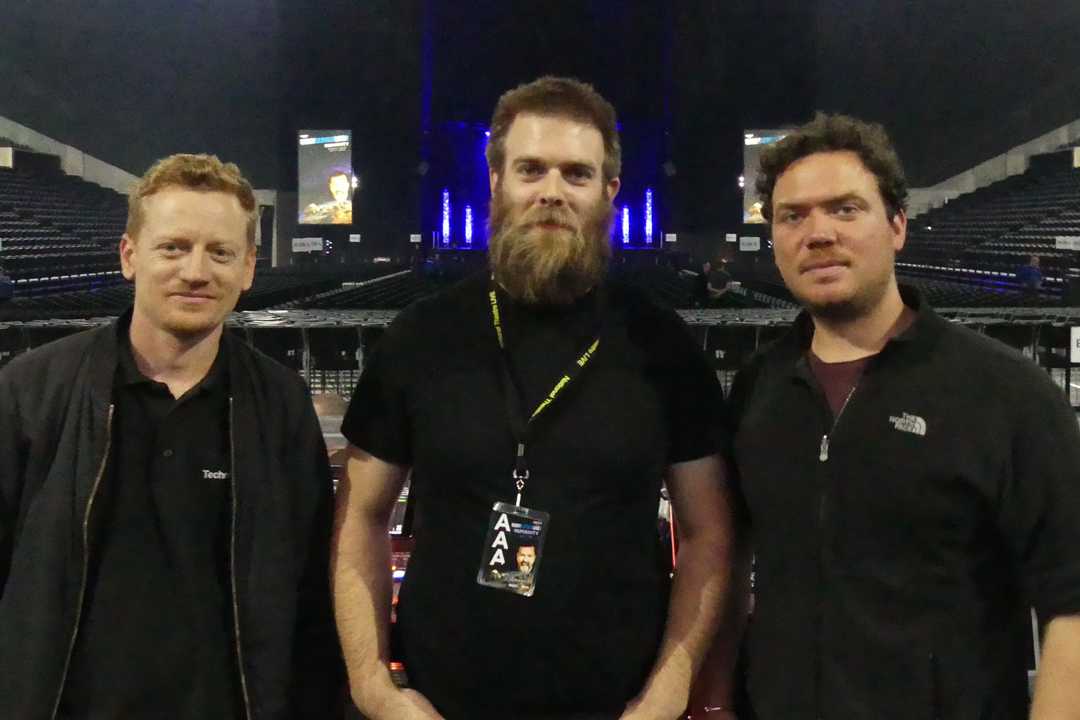 Ricky Gervais’ FOH engineer, Jon Sealey, flanked by Capital Sound system tech Joseph Pearce (left) and sound designer Chris Whybrow