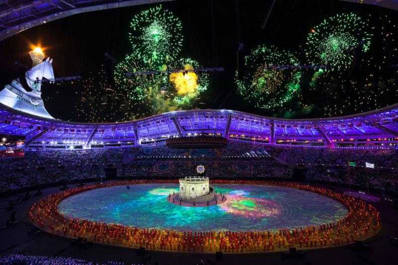 The ceremonies featured giant projection-mapped sets, pyrotechnics and sweeping light displays