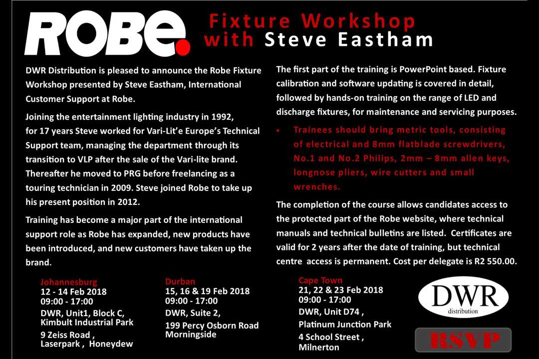 The workshop will be presented by Steve Eastham, international customer support at Robe