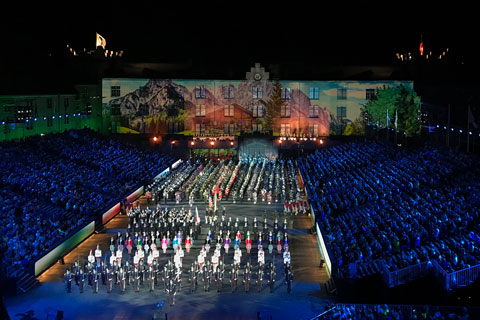 The Basel production is staged in front of the 18th century Kaserne Hof barracks on the Rhine