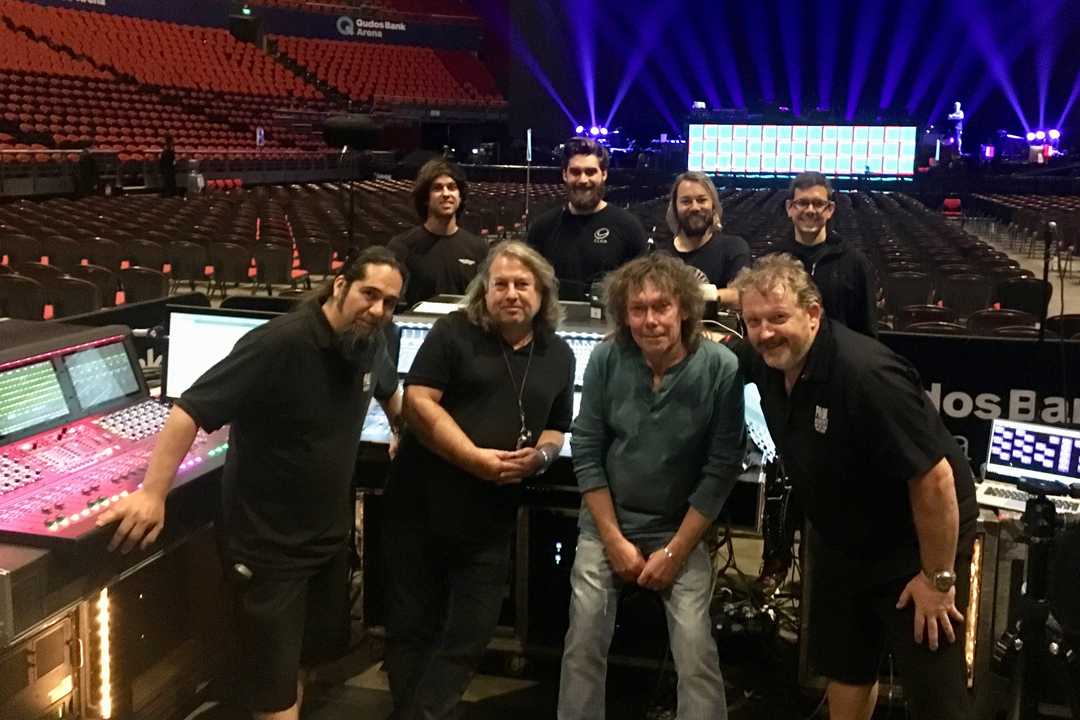Back: Joel Larson, Alex McCormack, Tim Seconi, and Andrew Dowling SE from Clair Global. Front:Tech Sean Baca, FOH engineer Paul ‘Pab’ Boothroyd, monitor engineer John ‘Grubby’ Callis, and monitors system engineer Paul Swan