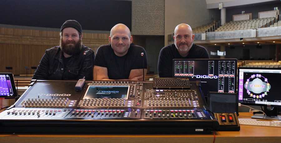 United Methodist Church of the Resurrection studio engineers Steven Moduno and Jordan Tracy with lead audio engineer Tim Higinbotham