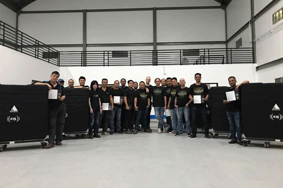 Adamson Applied Certification trainees, including technicians from PMX, at Stage Craft International HQ