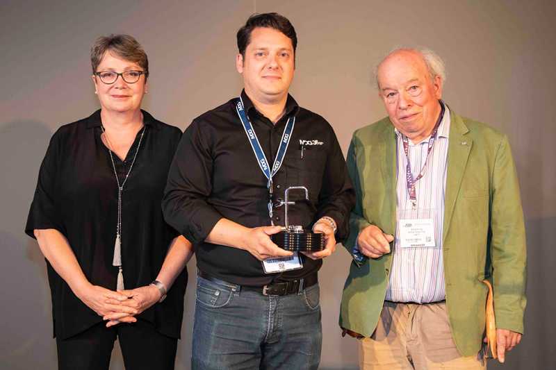 Matt Wiseman accepts the ABTT Engineering Product of the Year 2018 Award from ABTT chairwoman, Louise Jeffreys and show director, Roger Fox (photo: ABTT)