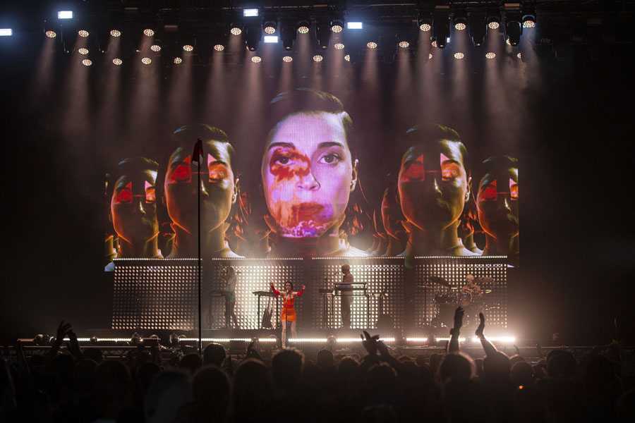St Vincent play Roskilde, with lighting designed by Meagan Metcalf, operated by Megan Dougherty (photo: Louise Stickland)
