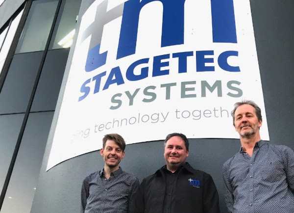 L-R: Treva Head, MD of Stagetec Mediagroup Australia, Mark Lownds of tm stagetec systems, and Out Board's Dave Haydon
