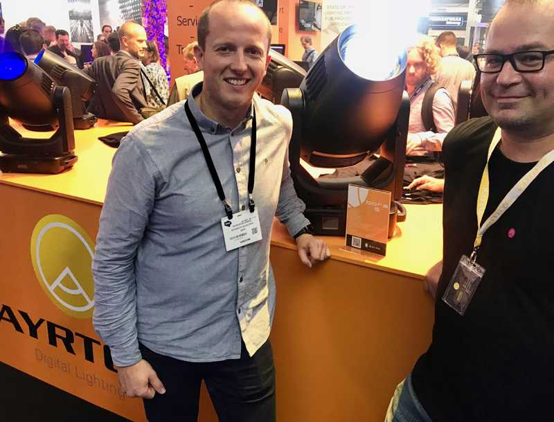Morten Bakke of Bary AS and Jerad Garza of Ayrton on the Ambersphere stand at PLASA 2018