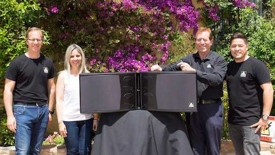 Amate Audio unveils new flagship line array high in the Catalan mountains: VP & chief technical director Joan Amate, principal acoustic engineer Natàlia Milán, CEO Juan Amate and sales manager Jordi Amate