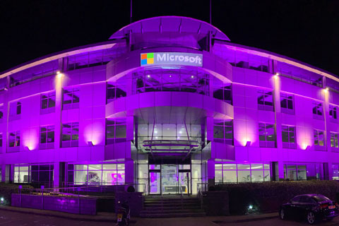 The exterior of the distinctive Microsoft office block was lit with six of the powerful P-10 lights