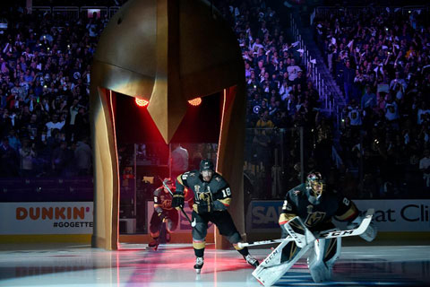 The Vegas Golden Knights team now enters the ice through a 20ft medieval jousting helmet