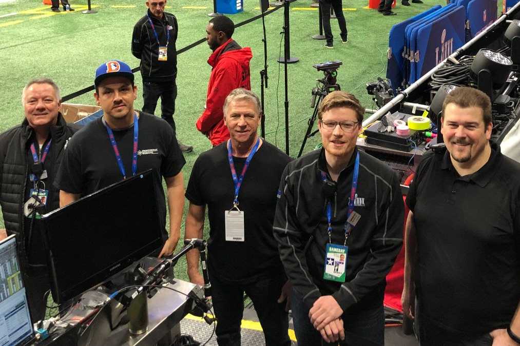 Super Bowl LIII wireless team: Brett Valasek ATK GM,  Kasey Gchachu PWS RF tech, Jim Van Winkle PWS GM, Cameron Stuckey PWS RF tech, Gary Trenda PWS lead RF tech
