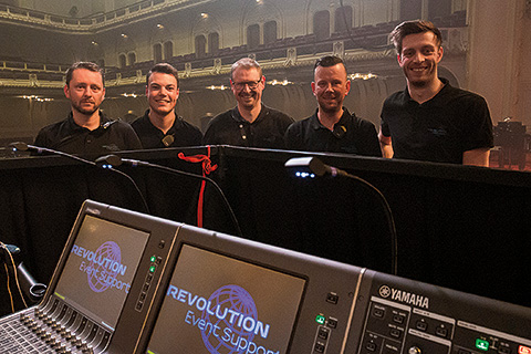 Kristof Haagdoren (monitor engineer), Stef Schrijvers (system tech), Bart Faut (FoH engineer/production manager). Michael Nijs (backline tech) and John Hellinx (stage audio & RF engineer) with the Rivage PM7