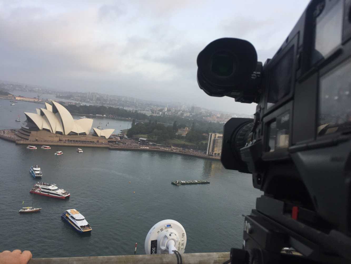 Panasonic HD Camera on top of South West Pylon of Sydney Harbour Bridge connected via Microwave Link