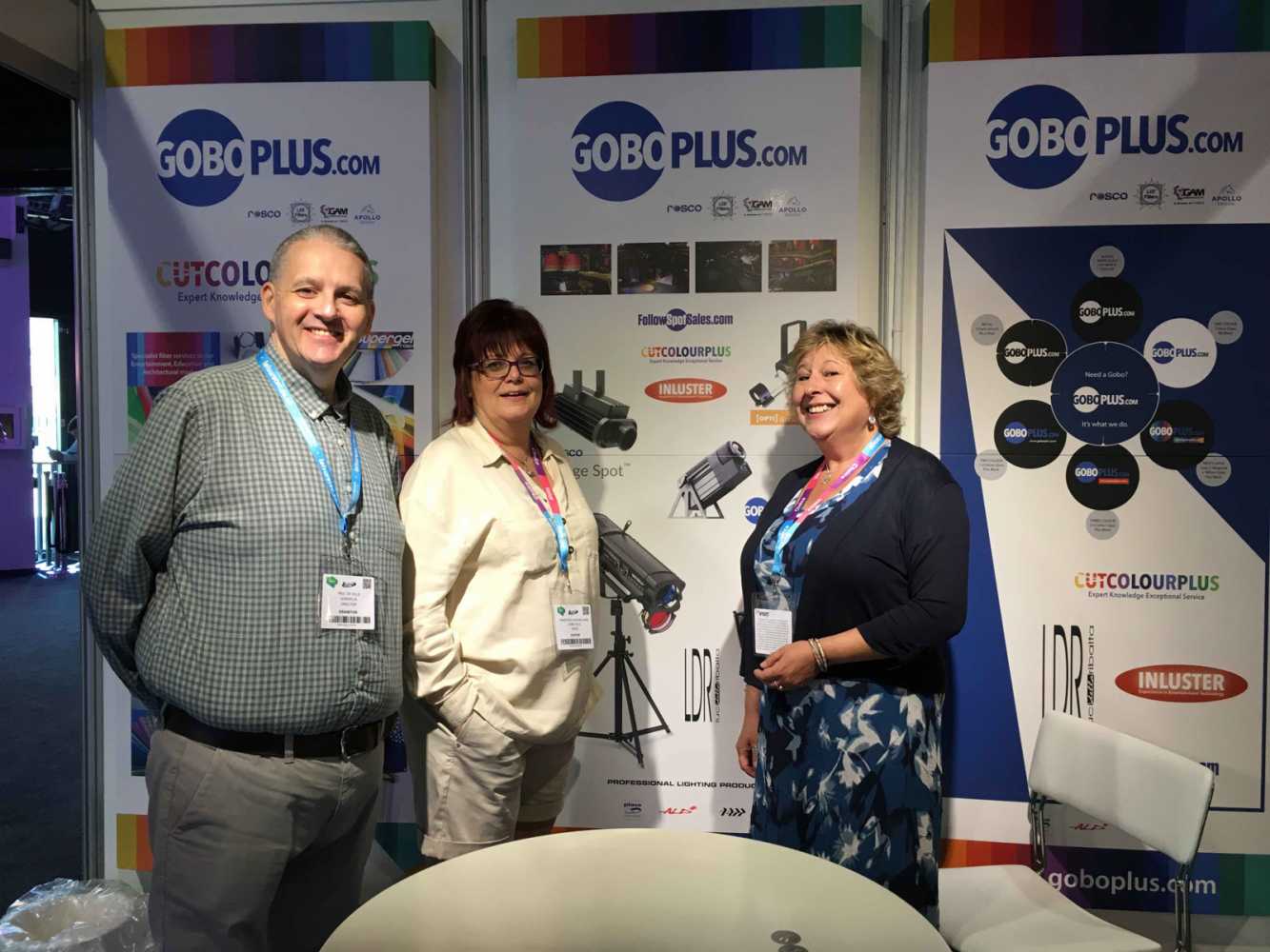 Paul de Ville, Mandy Bullock and Vicky Fairall of GoboPlus.com at PLASA Focus Leeds 2019