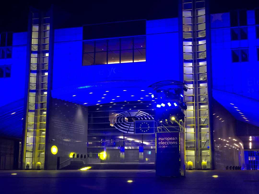 Bathed in blue: the European Parliament building