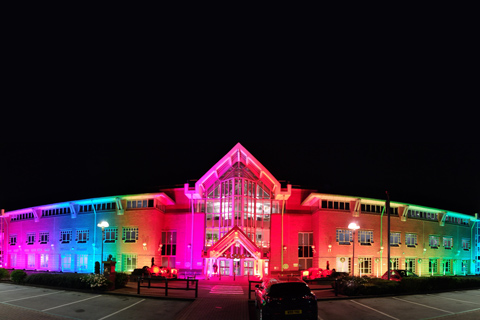 The movement’s traditional bright rainbow colours light ASDA’s head office in Leeds