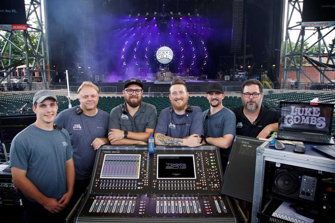 Luke Combs’ audio crew: SES PA/audio tech Jeremy White, PM Jerry Slone, monitor engineer Michael Zuehsow, RF coordinator/audio tech Dan McLaughlin, SES lead audio tech Andrew Steelman, and FOH engineer Todd Lewis