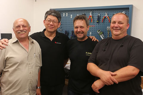 Karl Thamer, CEO of IBT Theatres and Broadcast Technology; Qunying Yao, chief engineer and owner of State Automation with IBT field engineers Frank Nebrich and René Munck