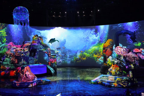 The scene fluctuates between land and sea throughout the performance