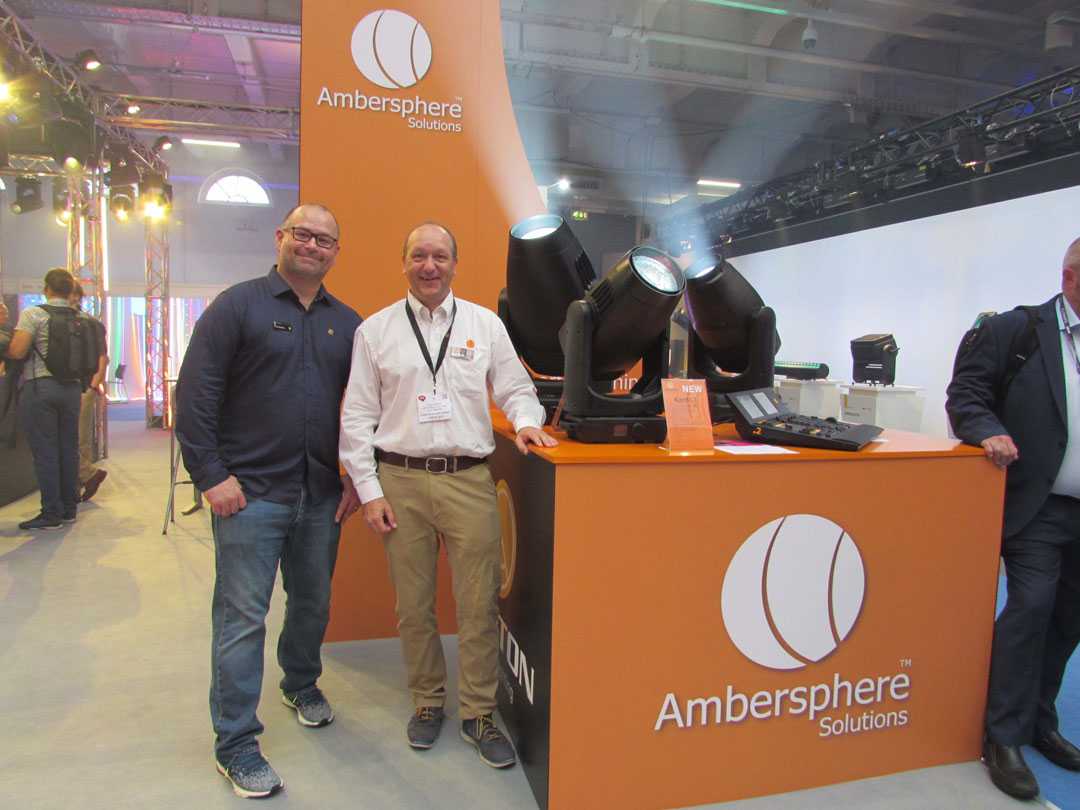 Ayrton’s Jerad Garza and Ambersphere Solution’s Philip Norfolk with Perseo-S and Huracán-X which received their official launch at PLASA 2019 on the Ambersphere Solutions stand