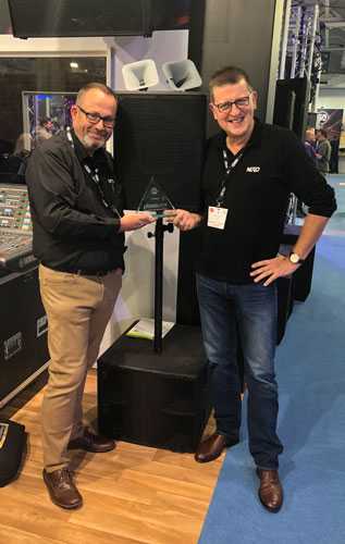 Nexo's Gareth Collyer and Andy Simmons celebrate the P12's PLASA Award for Innovation