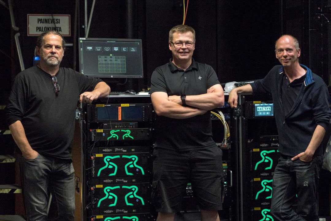 Lighting manager Kimmo Ruskela and video programmer Heikki Riihijärvi from Finnish National Opera & Ballet, with Johan West, video product manager at Msonic