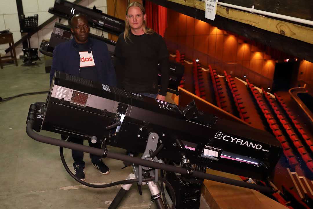 DWR’s Kevin Stannett with Enos Ramoroko from Joburg Theatre and the new RJ Cyrano followspots
