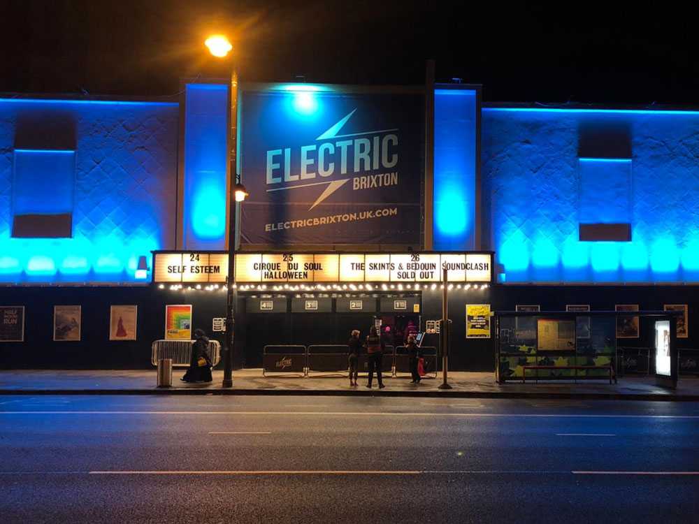 LED fixtures light the building’s front wall