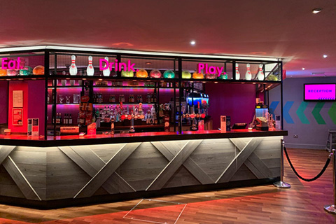 the installation included lighting across the bar, restaurant, seating area and ten pin bowling alley