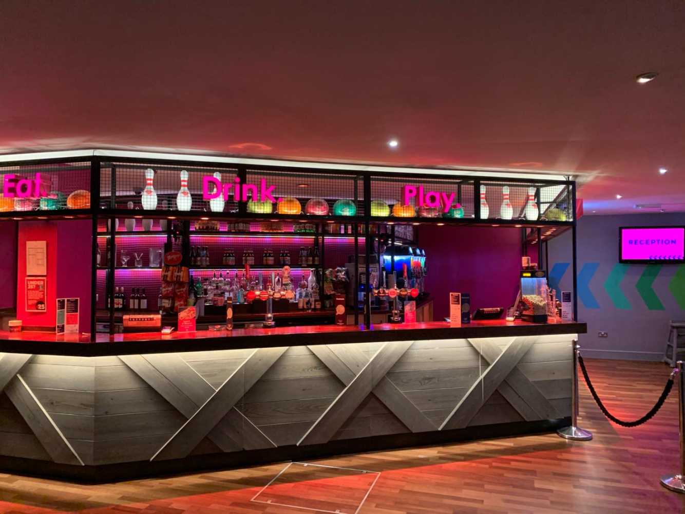 the installation included lighting across the bar, restaurant, seating area and ten pin bowling alley