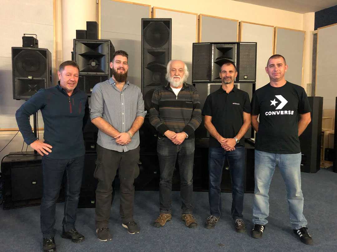 George Krampera Sr, KV2 founder (centre) with Gyorgy Horvath, owner Megatone (far right) with members of KV2 Audio & Megatone team