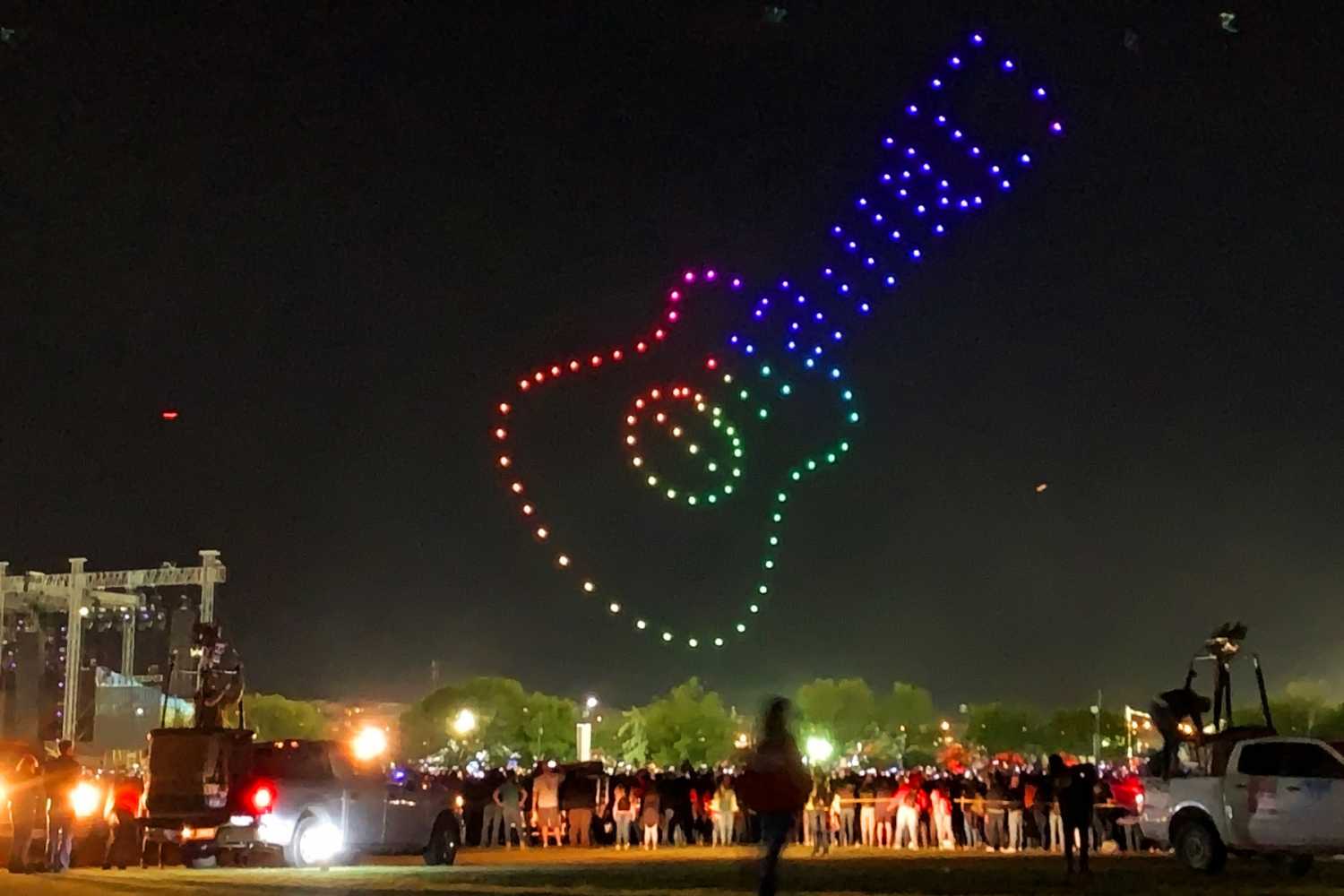 Verge Aero provided 150 drone lights to create moving, colour-changing pictures in the sky