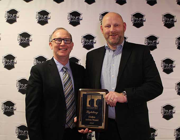 Elation’s Eric Loader and Matthias Hinrichs accept the Indispensable Technology Award at the Parnelli Awards