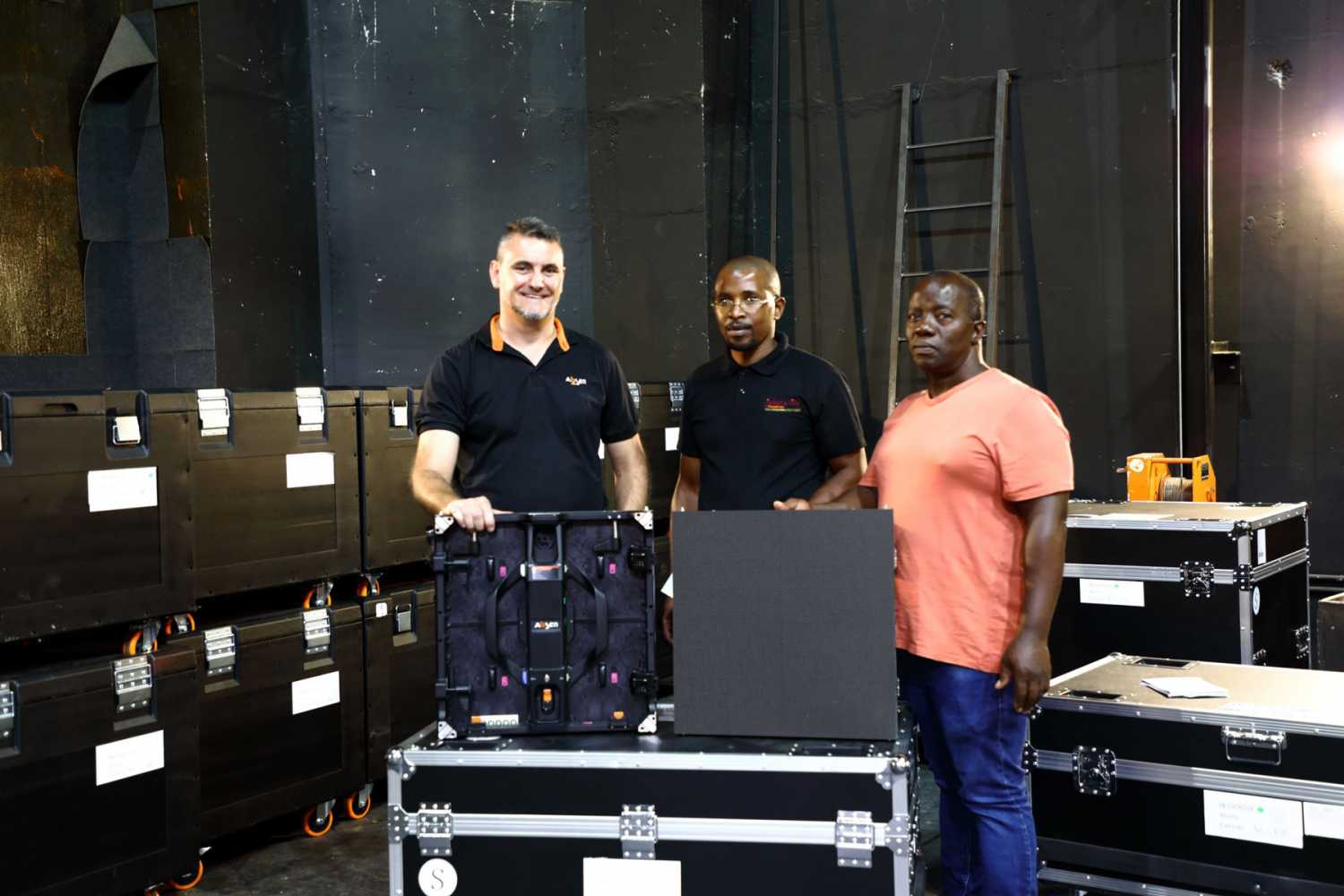 Schalk Botha and Enos Ramoroko with crew at Joburg Theatre