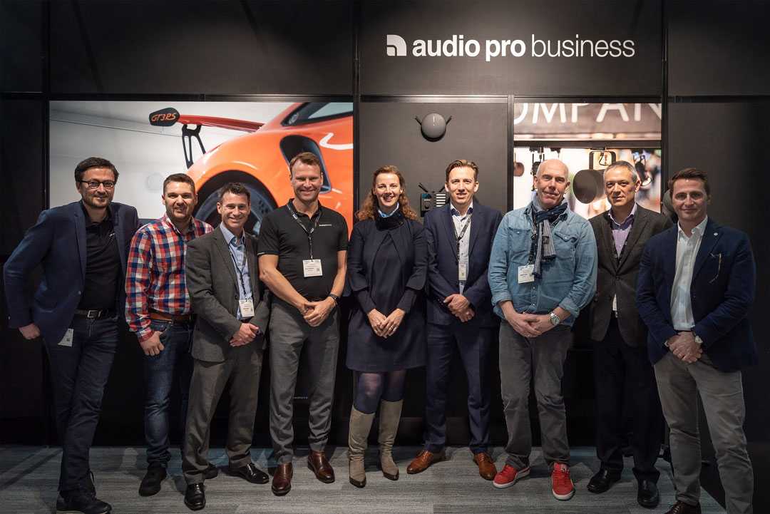 Laurent Rault sales director EMEA Audio Pro; Logan Helps, Anthony Everest (A-T UK); Ola Grahn (Audio Pro); Evangéline Pirot (A-T France); Alex Farrell (A-T UK); Jens Henriksen (Audio Pro); Robert Morgan-Males (CEO A-T Europe); Sylvain Hochart A-T Iberia)