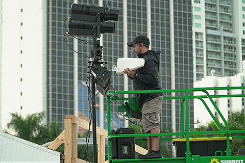 Installing Panel antennas for the Multiverse wireless DMX system at Bayfront Park in Miami (photo: Dynamic Productions USA)
