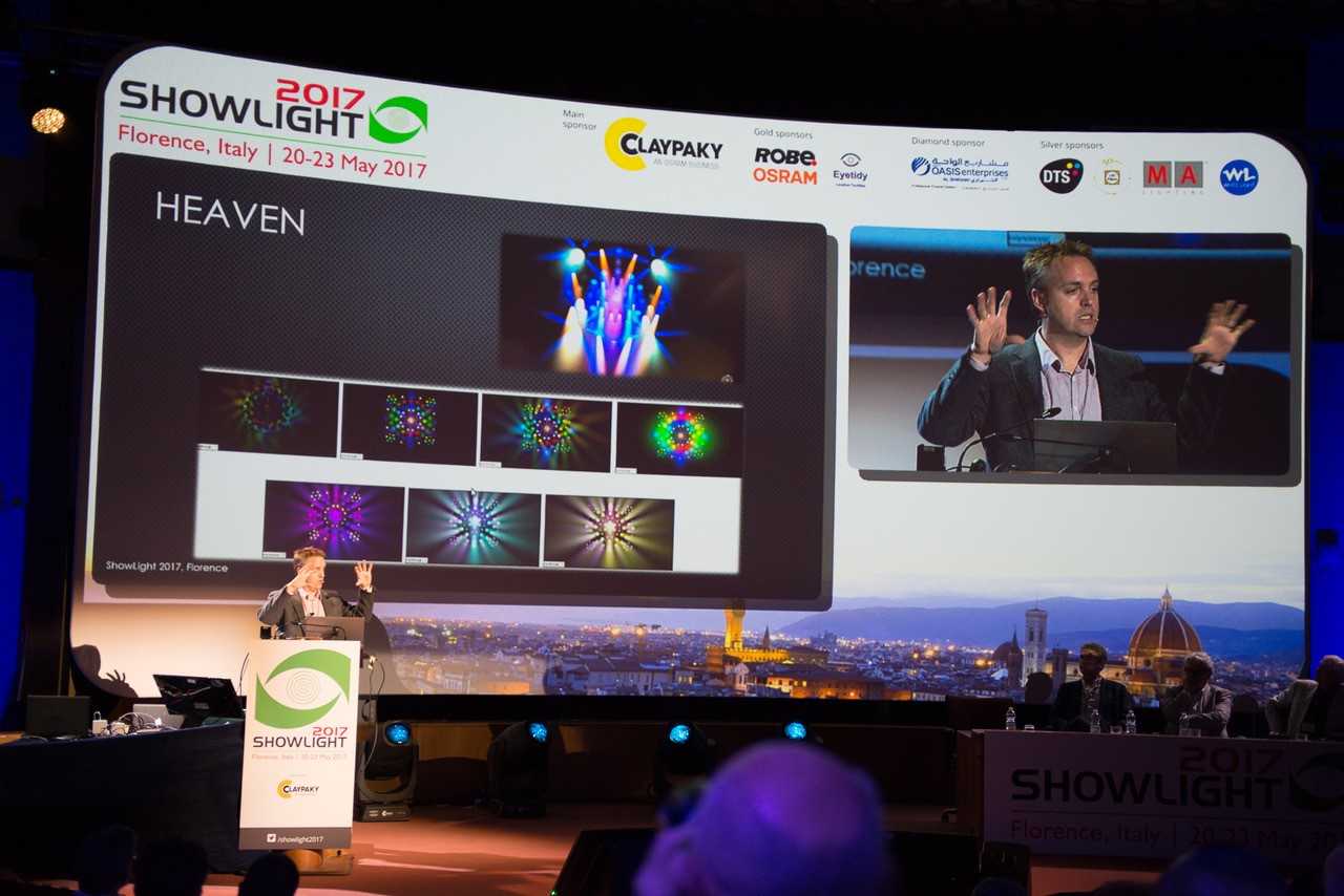 Pictured: Declan Randall presents at Showlight 2017. Sponsors benefit from branding at the event, as seen on screen.