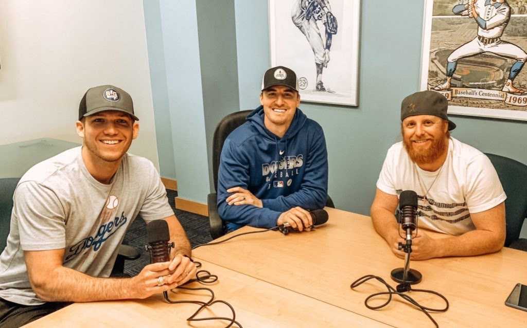 Cooper Surles, Ross Stripling and Los Angeles Dodgers' Justin Turner