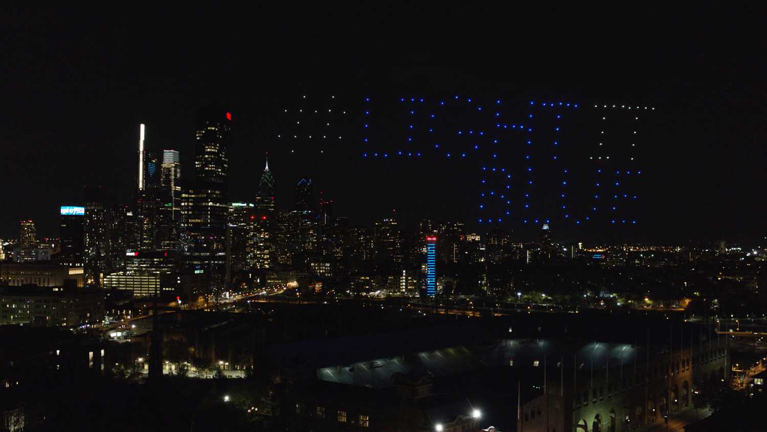 Caption: As part of the #LightItBlue campaign, Verge Aero's specially developed aerial drone light show fleet performed an aerial salute to health workers in the skies above Philadelphia. (Photo: © Verge Aero)