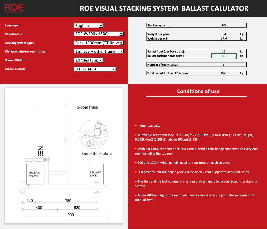 The purpose of the Ballast Calculator is to help adding the right amount of ballast on stacked LED screens