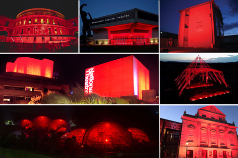 Clockwise from top left: Lit in red - The Royal Albert Hall (SFL Group), Chichester Festival Theatre, PLASA and LSi's HQ, Glastonbury's Pyramid Stage (Fineline Lighting), Bristol Old Vic (SLX), The Eden Project (GLX Productions) and The National Theatre