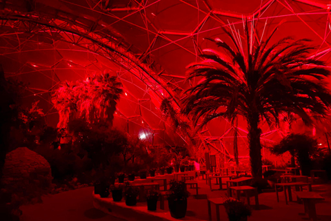 The vivid red hues shimmered through the hexagonal cladding panels of the Biomes