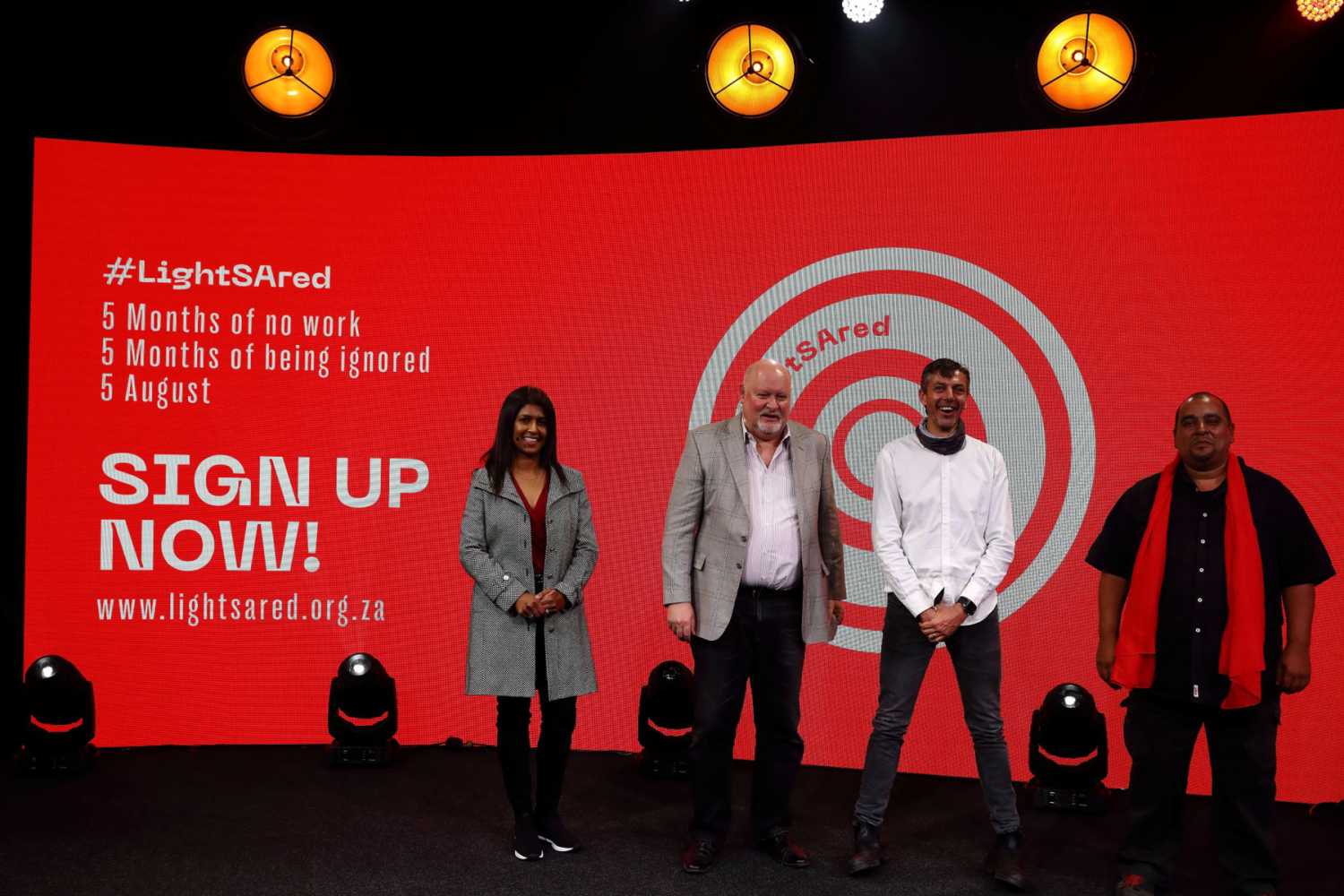 Projeni Pather, Kevan Jones, Duncan Riley and Sharif Baker launch the #LightSAred campaign during a live stream in Johannesburg